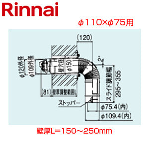 給排気筒トップ[直排専用][φ110×φ75][壁厚L=150～250][FF式][2重管][給