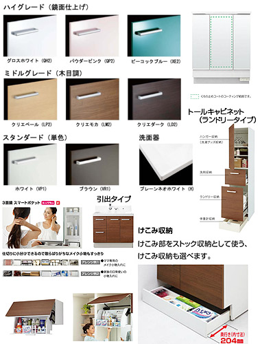 洗面化粧台 ピアラ[間口1220mm][高さ2300mm][シングルレバーシャワー水栓][3面鏡（スマートポケット付全収納）][LED][一般地][ホワイト][ホワイト][キャビネット左仕様]