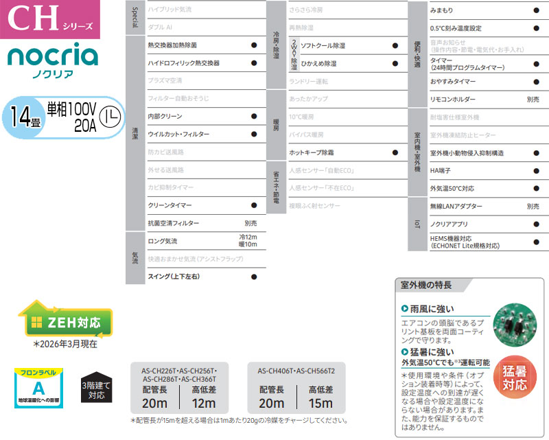 ルームエアコン[CHシリーズ][100V][14畳][4.0kW][ノクリア][2026年モデル]