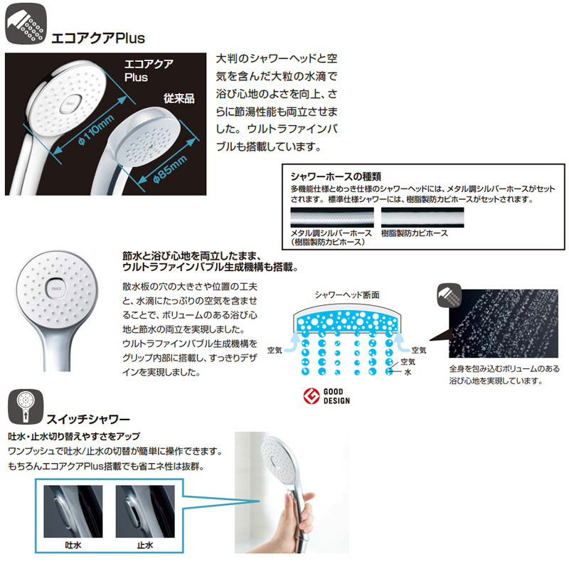 シャワーヘッドセット[取り替え用パーツ][エコアクアPlus][スイッチ付][めっき][メタル調シルバーホース][長さ1.6m][接続ネジ:G1/2]