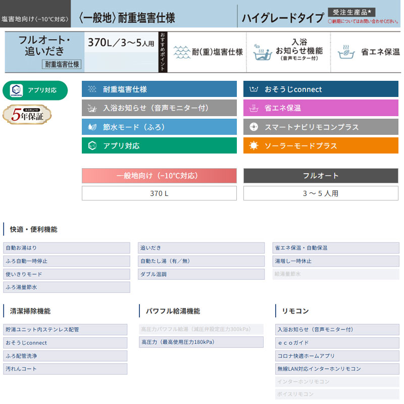 ●♪【10年保証付】【工事費込】エコキュート[フルオート][370L][角型][ハイグレード][標準圧][一般地][耐重塩害仕様][スマイル10][リモコン脚部カバー]