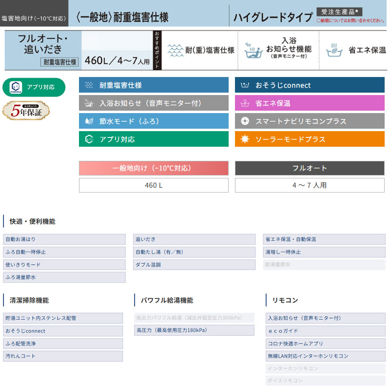 ●♪【10年保証付】【工事費込】エコキュート[フルオート][460L][角型][ハイグレード][標準圧][一般地][耐重塩害仕様][スマイル10][リモコン脚部カバー]