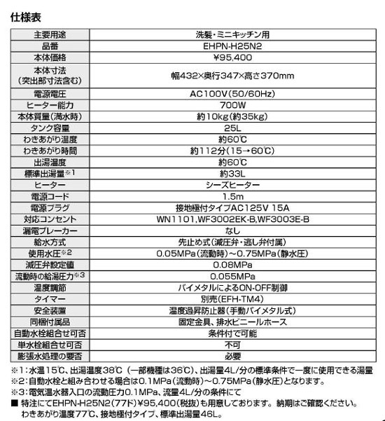 ゆプラス小型電気温水器[洗髪用・ミニキッチン用][スタンダードタイプ][タンク容量25L][一般住宅用][キャビネット内設置用][φ32樹脂製排水器具セット]