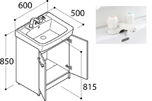 化粧台本体 オフト[間口600mm][2ハンドル混合水栓][ゴム栓式]