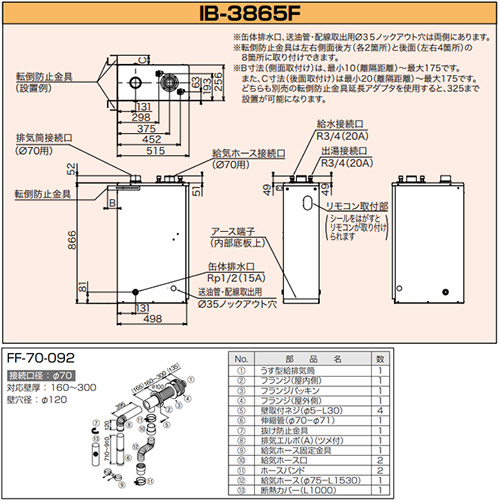 IB-3865F+IR-22V｜CHOFU石油給湯器[台所リモコン+FF用給排気筒セット