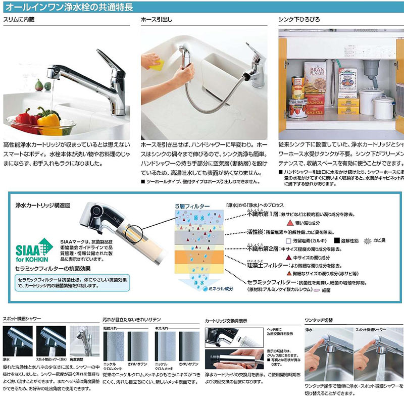 オールインワン浄水栓[ｅモダンタイプ][浄水器内臓シングルレバー混合栓][エコハンドル][きれいサテン][ホース引出式][一般地]