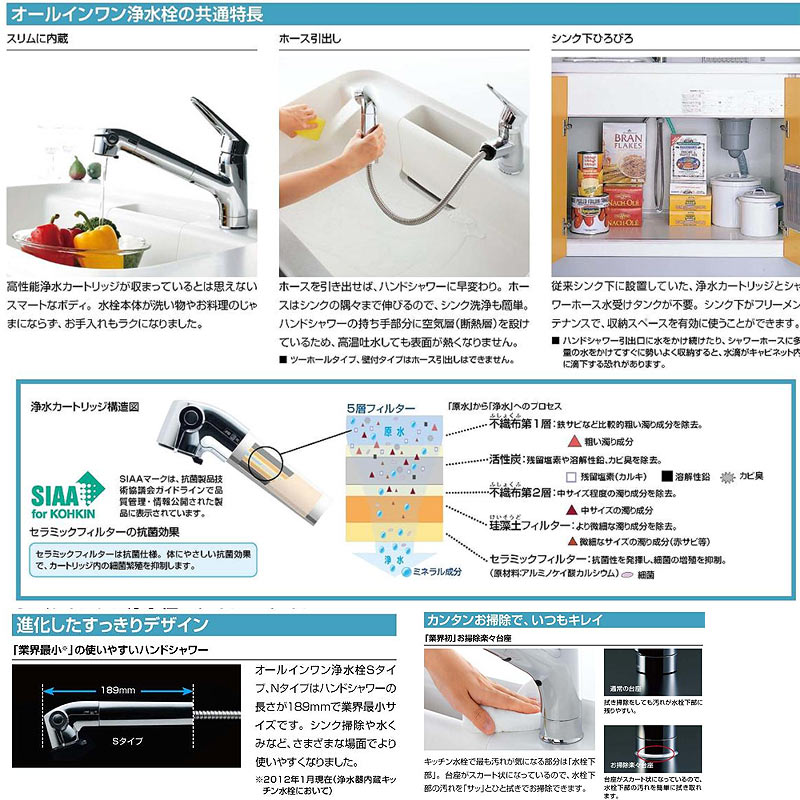 オールインワン浄水栓[Nタイプ][浄水器内臓シングルレバー混合栓][首長：244mm][抗菌ハンドル][ホース引出式][一般地]