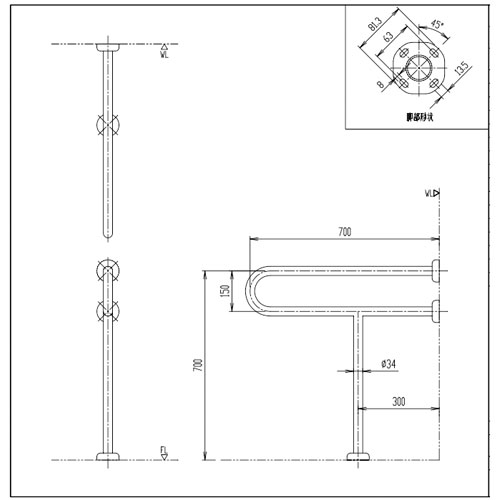 KF-525S70J】リクシル 大便器用手すり(壁床固定式) ステンレスタイプ