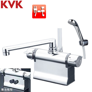 [撥水加工CP]浴室用蛇口 KF3011Tシリーズ[台][浴槽・洗い場兼用][サーモデッキシャワー混合水栓][首長240mm][可変ピッチ式][シャワーヘッド(めっき)][メタリックホース][一般地]