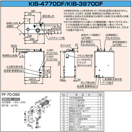 KIB-4770DF+KR-112Ｖ｜CHOFU石油ふろ給湯器[浴室・台所リモコン+FF用給