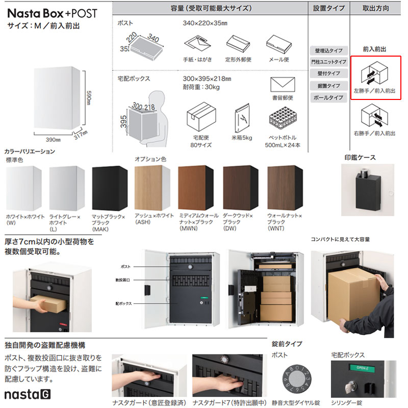 宅配ボックスセット ボックス+ポスト[据置用幅木][前入][前出][FF][シリンダー錠][左開き][サイズM]