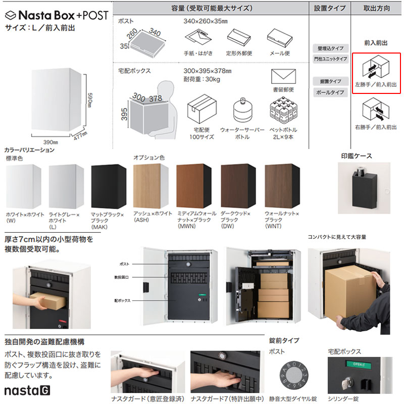 宅配ボックスセット ボックス+ポスト[据置用幅木][前入][前出][FF][シリンダー錠][左開き][サイズL]