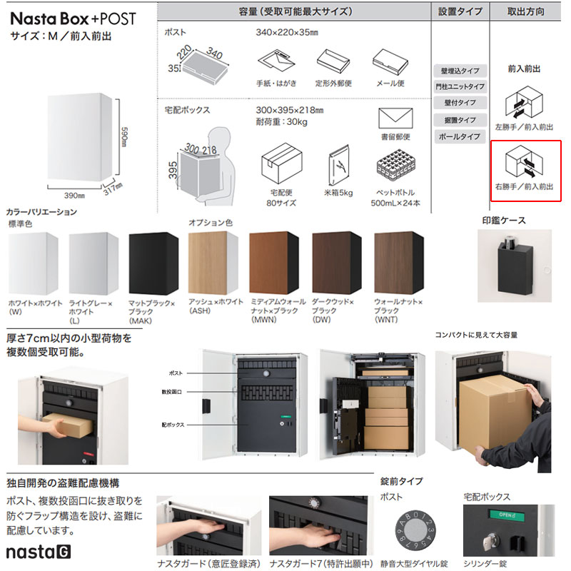 宅配ボックスセット ボックス+ポスト[据置用幅木][前入][前出][FF][シリンダー錠][右開き][サイズM]