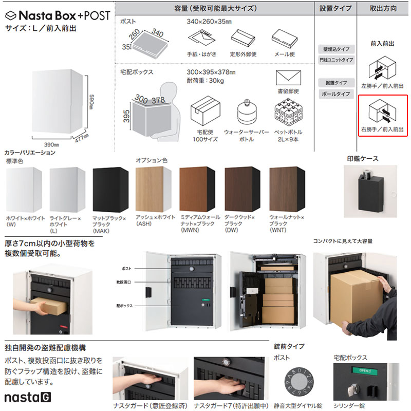 宅配ボックスセット ボックス+ポスト[据置用幅木][前入][前出][FF][シリンダー錠][右開き][サイズL]