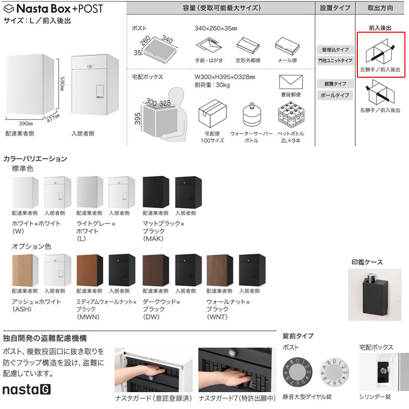 宅配ボックスセット ボックス+ポスト[据置用幅木][前入][後出][FR][シリンダー錠][左開き][サイズL]