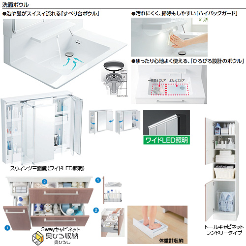 ●洗面化粧台セット オクターブ[間口1650mm][高さ1900mm][3wayキャビネット][ラクラクスマート水栓][F2][体重計収納付][スウィング3面鏡][ワイドLED][エコミラー][トールキャビネット][一般地]
