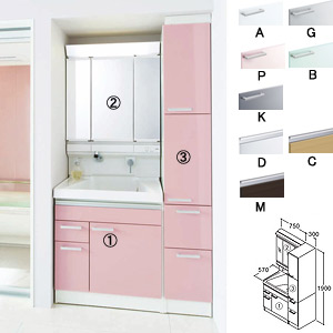 洗面化粧台 サクア[間口1050mm][高さ1900mm][エコシングルシャンプー水栓][3面鏡（スウィング）][蛍光灯][くもり止め][一般地]