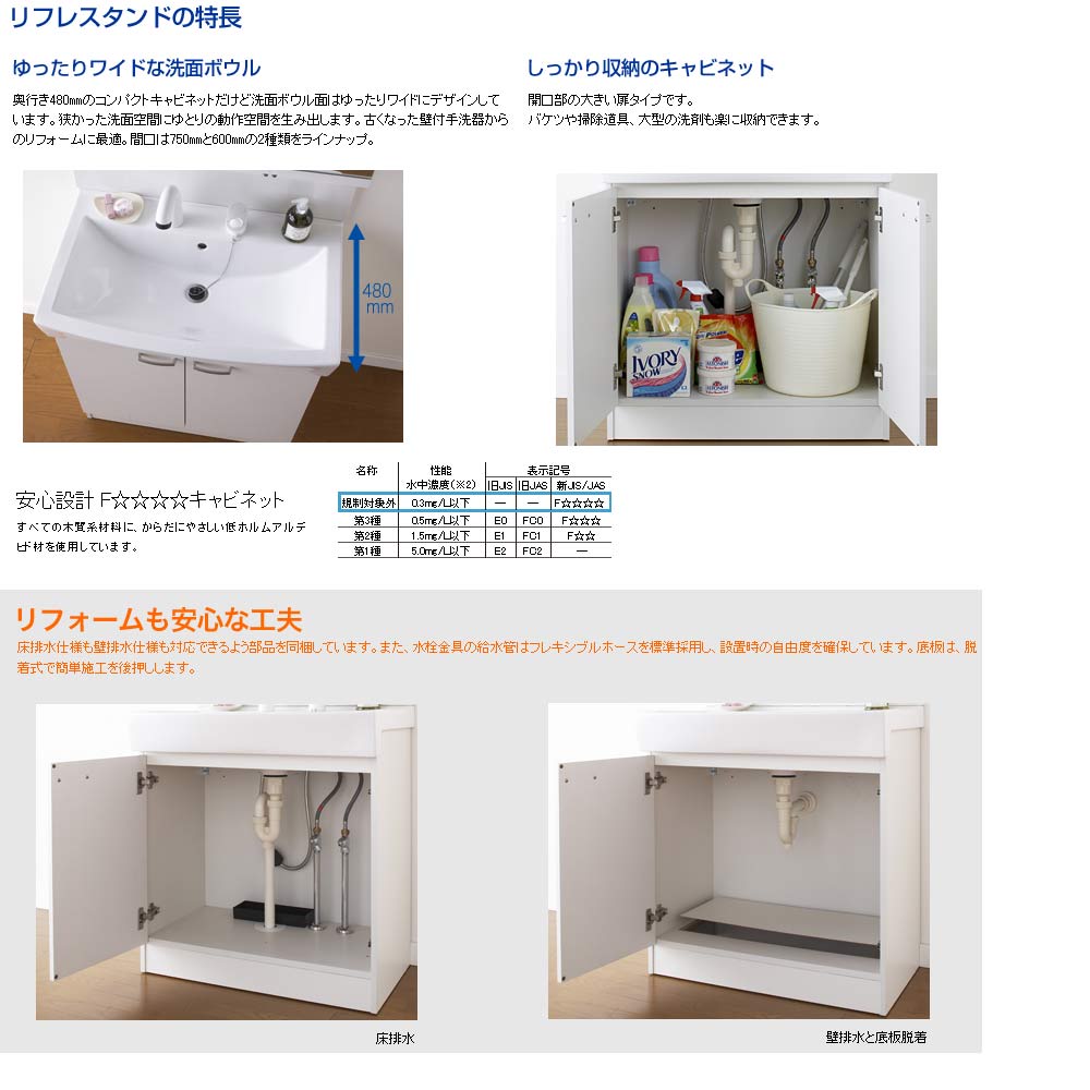 洗面化粧台 リフレスタンド[間口750mm][高さ1925mm][3面鏡][シャワー水栓][一般地]