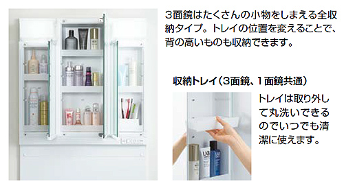 ミラーキャビネット オフト[間口750mm][高さ1780mm用][3面鏡][全収納][LED][くもり止め]