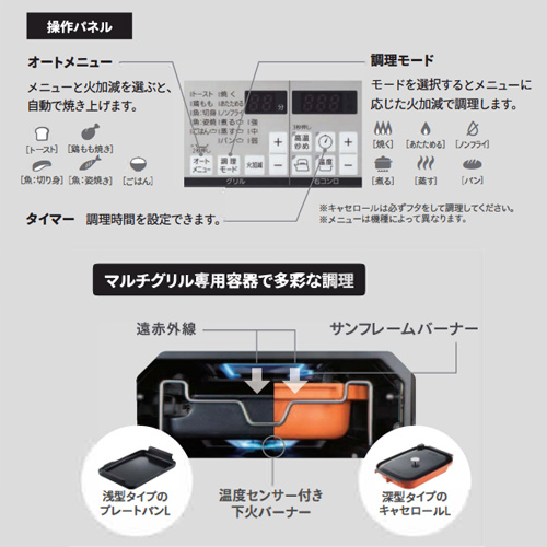 ●ビルトインガスコンロ ピアットマルチグリル[60cm][乾電池][ガラストップ:アクアホワイト][前面パネル:ホワイト][ごとく:グレー][プレートパンL付属][都市ガス]