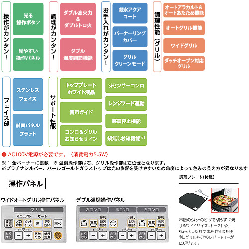 ビルトインガスコンロ スタイリッシュブリンクアドバンス[75cm][ガラストップ:プラチナシルバー][前面パネル:ステンレス][ごとく：グレーホーロー]