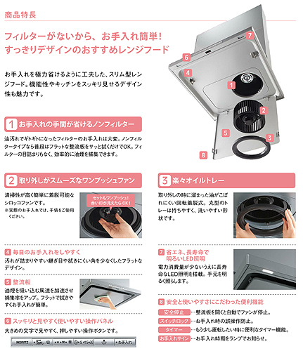 レンジフード[スリム型ノンフィルター][シロッコファン][コンロ連動][幅75cm][シルバー][左仕様]