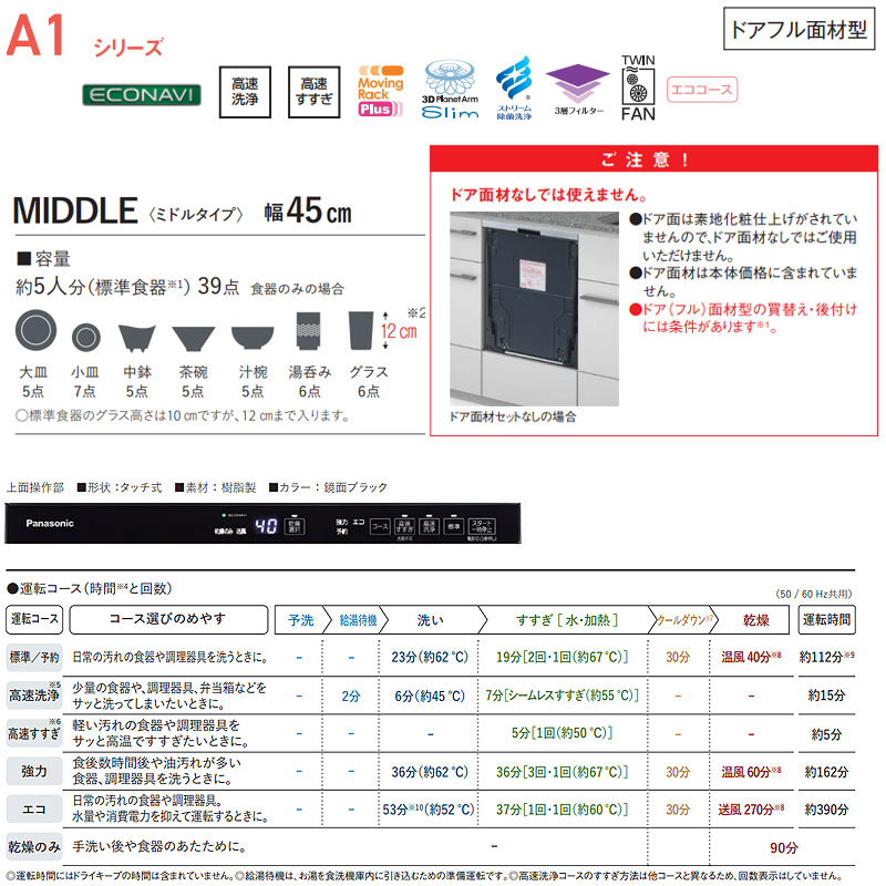 ビルトイン食洗機 A1シリーズ[新設用][スライドオープン][ドアフル面材型][浅型][幅45cm][奥行65cm][ミドルタイプ][約5人用]