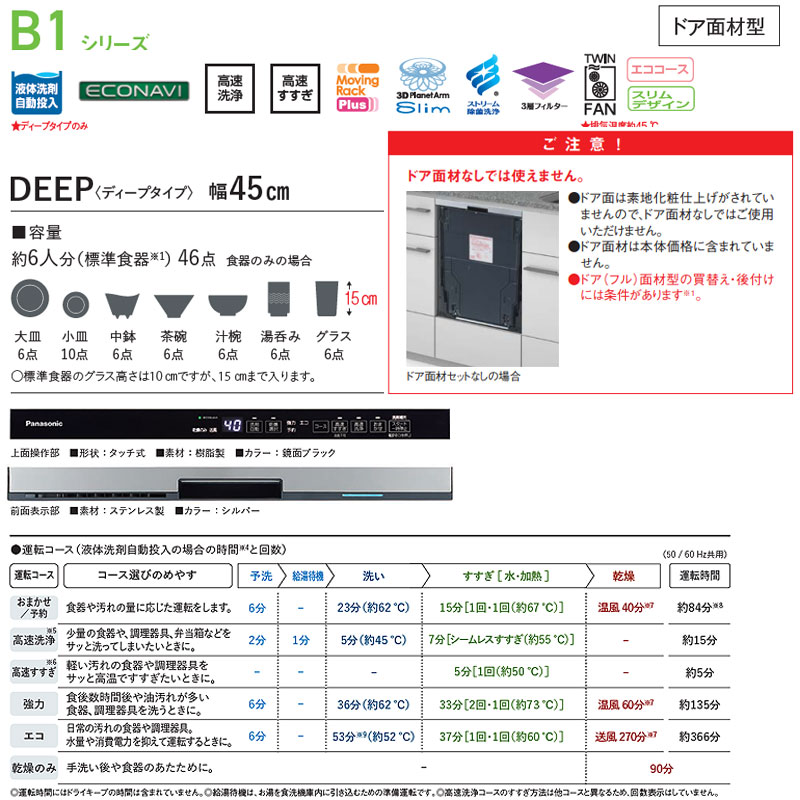 ビルトイン食洗機 B1シリーズ[新設用][スライドオープン][ドア面材型][深型][幅45cm][奥行65cm][ディープタイプ][洗剤自動投入][約6人用]