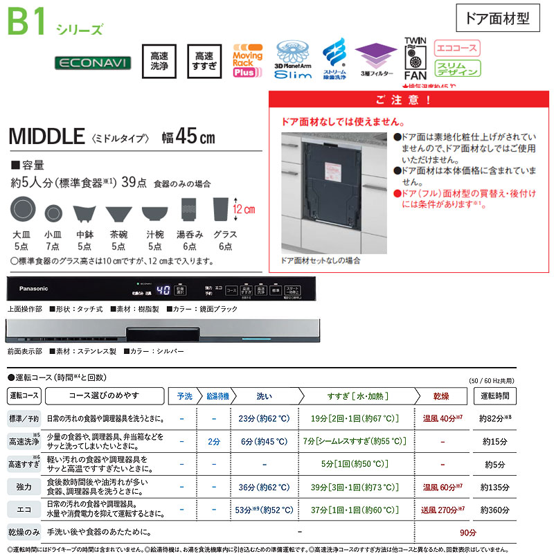 ビルトイン食洗機 B1シリーズ[新設用][スライドオープン][ドア面材型][浅型][幅45cm][奥行65cm][ミドルタイプ][約5人用]