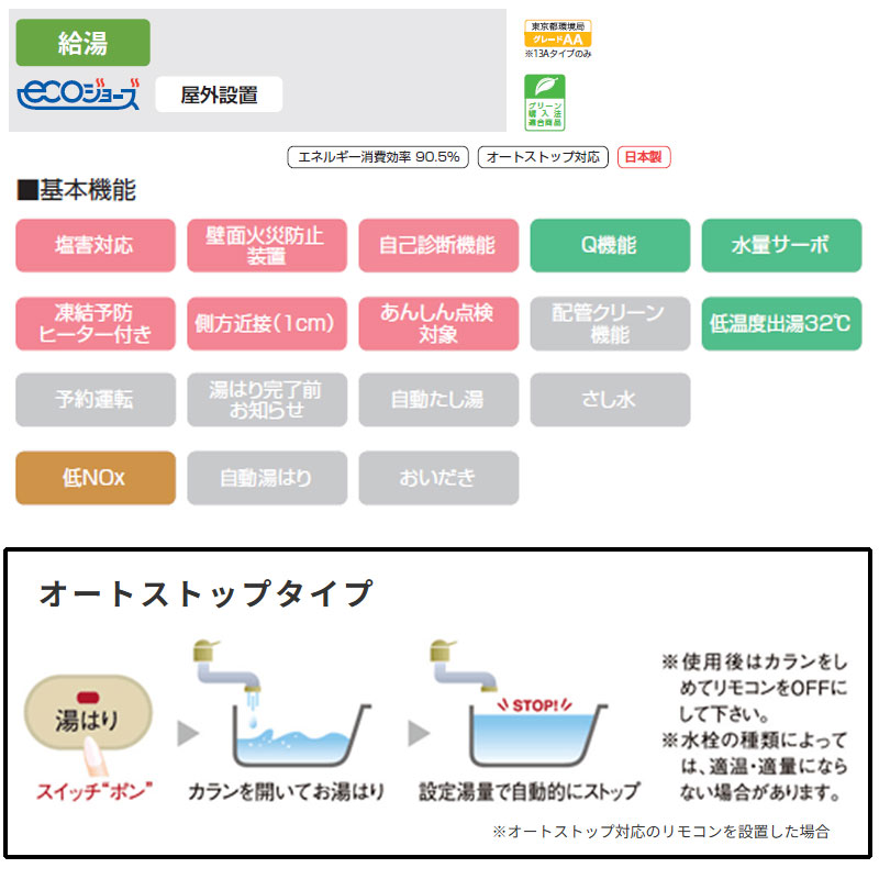 ガス給湯器[エコジョーズ][台所リモコンセット][屋外壁掛型][PS設置型][給湯専用][オートストップ][20号][15A]