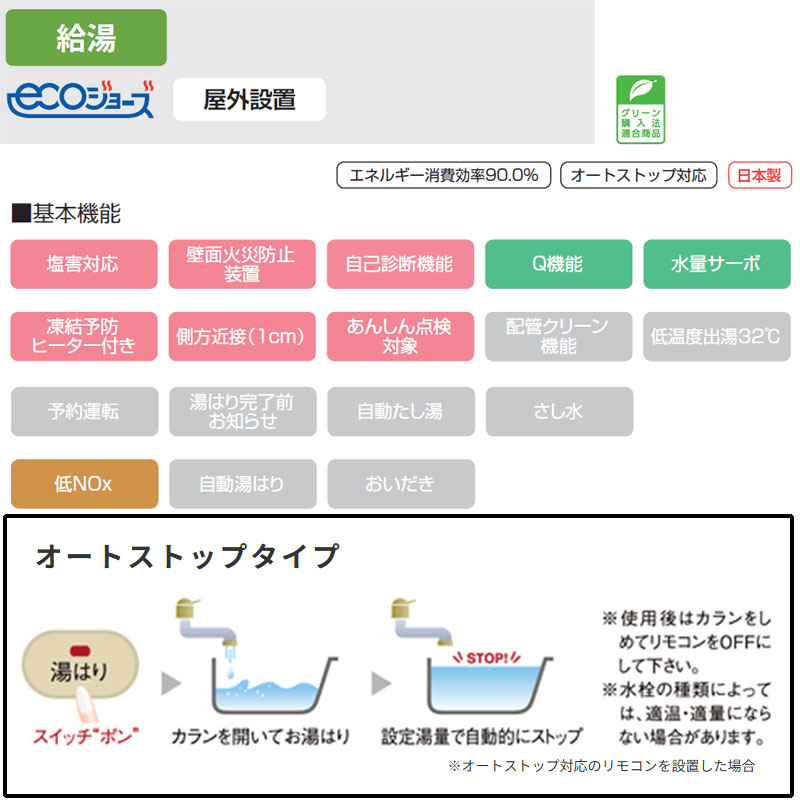 ガス給湯器[エコジョーズ][台所リモコンセット][屋外壁掛型][PS扉内設置型][前面排気][延長不可][給湯専用][オートストップ][コンパクト][20号][15A]
