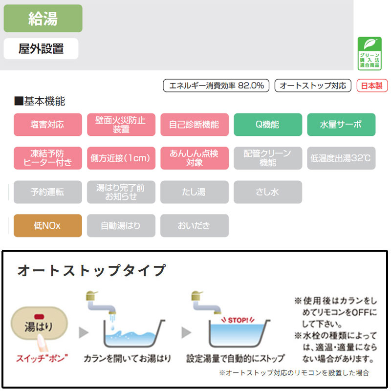 ●ガス給湯器[台所リモコンセット][PS扉内設置型][前面排気][延長可能][給湯専用][スリム][オートストップ][20号][15A]