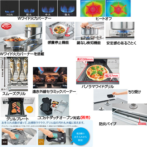 ビルトインガスコンロ デリシア[60cm][トップ:クリアホワイトミスト][前面パネル:ステンレス][ごとく:ピュアステンレス][乾電池][ココット付属] 都市ガス