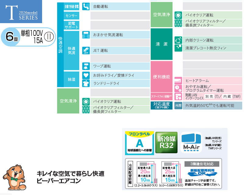 ルームエアコン[Tシリーズ][100V][6畳][2.2kW][ビーバーエアコン][ファインスノー][2026年モデル]