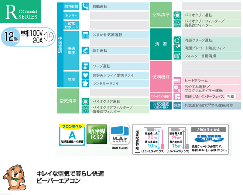 ルームエアコン[Rシリーズ][100V][12畳][3.6kW][ビーバーエアコン][ファインスノー][2026年モデル]
