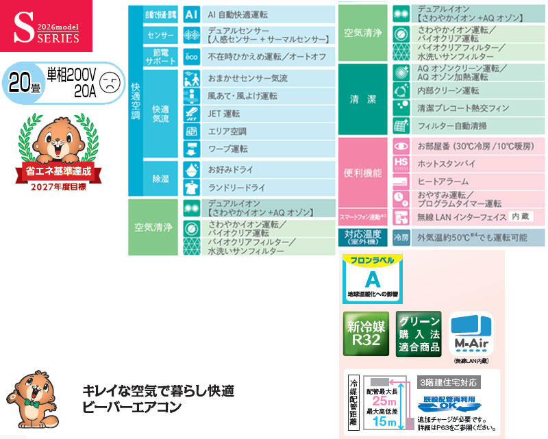 ルームエアコン[Sシリーズ][200V][20畳][6.3kW][ビーバーエアコン][ファインスノー][2026年モデル]
