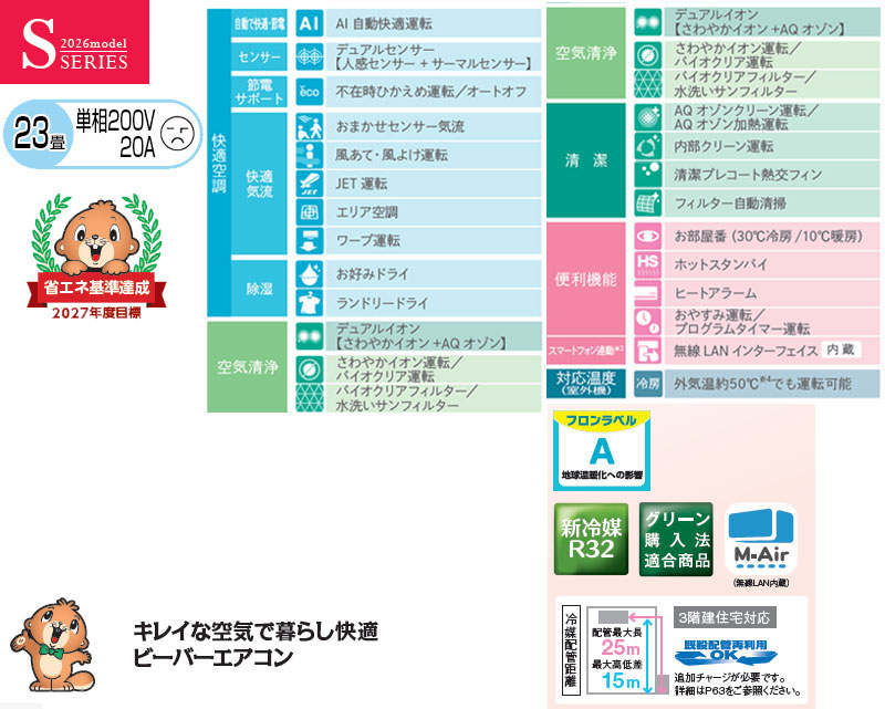 ルームエアコン[Sシリーズ][200V][23畳][7.1kW][ビーバーエアコン][ファインスノー][2026年モデル]