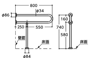 T112CP3｜TOTOパブリック用手すり[壁掛け洗面器用][固定式]