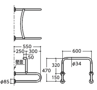 T113BU22｜TOTO｜手すり[壁固定][P型][小便器用][長さ:600×550mm][φ34 