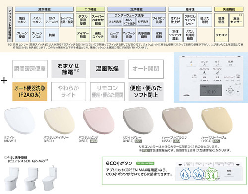 ウォシュレット アプリコット[F2A][大形普通兼用][瞬間式（連続出湯）][オート便器洗浄][GREENMAX専用][ホワイト]