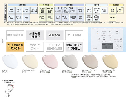 ウォシュレット アプリコット[F2A][大形普通兼用][瞬間式（連続出湯）][オート便器洗浄][密結形便器用（右側面レバー）]