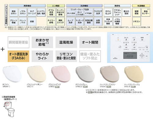 ウォシュレット アプリコット[F3A][大形普通兼用][瞬間式（連続出湯）][オート便器洗浄][密結形便器用（前面左レバー）]