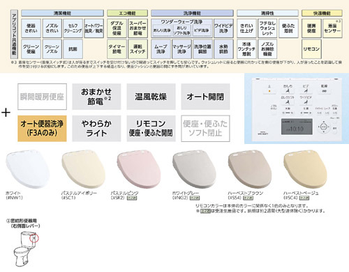 ウォシュレット アプリコット[F3A][大形普通兼用][瞬間式（連続出湯）][オート便器洗浄][密結形便器用（右側面レバー）]