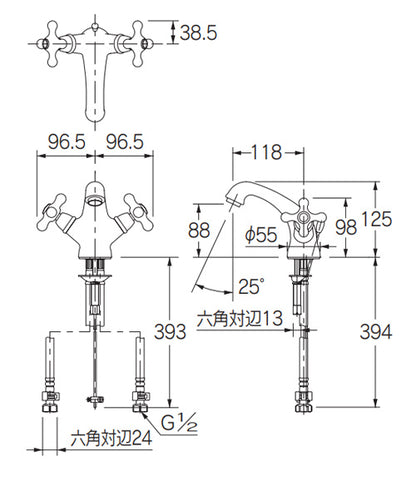 洗面用蛇口 ANTIRA[台][2ハンドル混合水栓][スパウト118mm][吐水口高さ88mm][引き棒付][一般地]