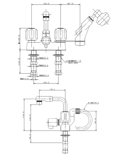 洗面用蛇口[台][シャンプー水栓][2ハンドル混合水栓][スパウト120mm][湯水芯102mm][一時止水][泡沫][一般地]