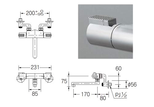 浴室用蛇口[壁][浴槽・洗い場兼用][サーモスタット混合水栓][スパウト170mm][一般地]