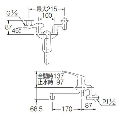 キッチン用蛇口[壁][シングルレバー混合水栓][スパウト170mm][増設クランクつき][一般地]