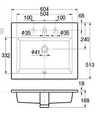 洗面器単品[オーバーカウンター式][角形][水栓取付穴径:φ35][中央1ヶ所