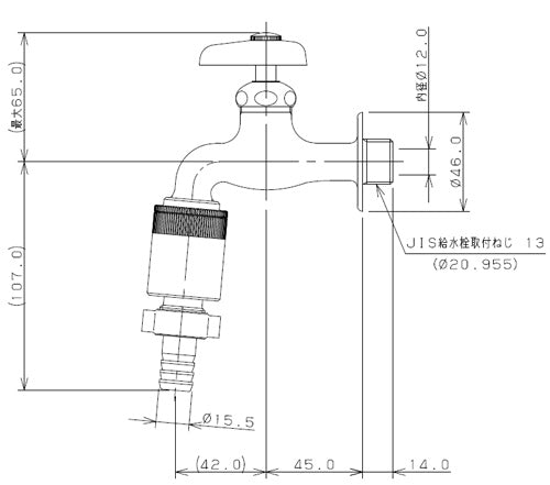 一般用蛇口[壁][単水栓][カップリング付き横水栓][呼13][一般地]
