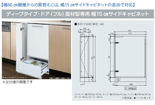 サイドキャビネット[幅15cm][ドア面材型専用][ドアフル面材型専用][キッチン高さ90cm用][右仕様][ビルトイン食洗機部材]